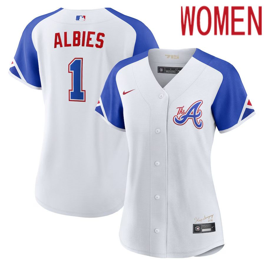 Women Atlanta Braves #1 Ozzie Albies Nike White 2023 City Connect Replica Player MLB Jersey